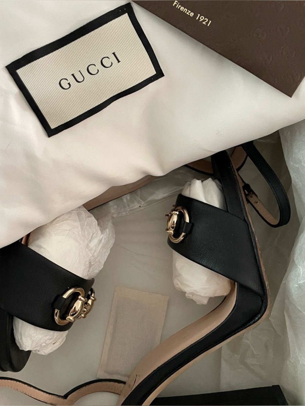 Gucci Women’s Black Leather Upper Horsebit Peep Toe Block Sandal Heels Size 37.5 - Picture 10 of 11